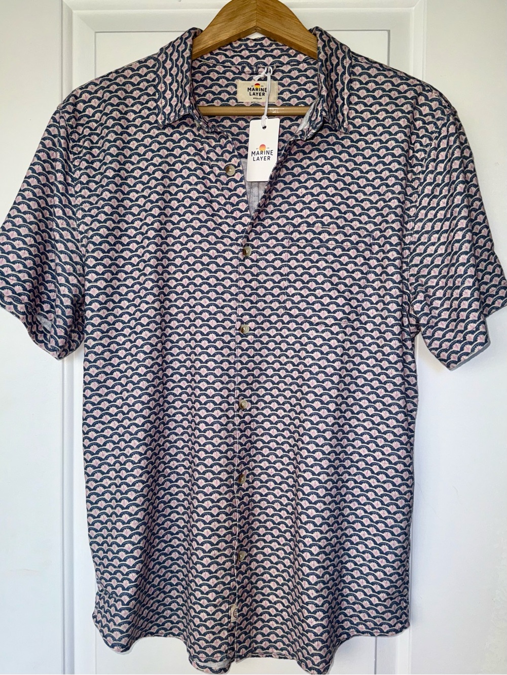 Marine Layer NWT Stretch Selvage Button-Down Shirt in Japanese Wave Print